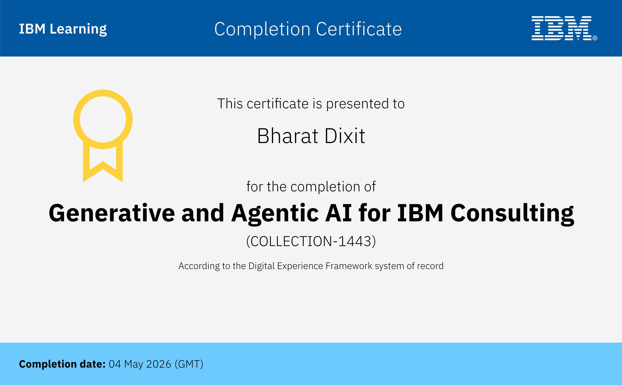 IBM Learning — Generative and Agentic AI for IBM Consulting completion certificate